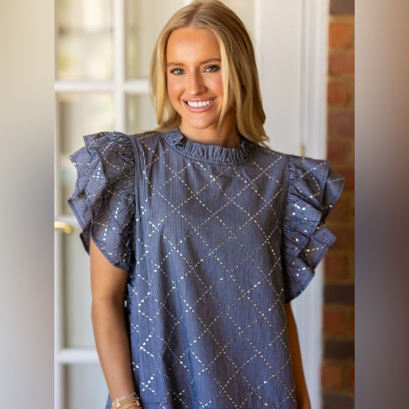 JODIFL Black / White Stripe Ruffled Sleeveless Blouse with sparkle design - Picture 3 of 16